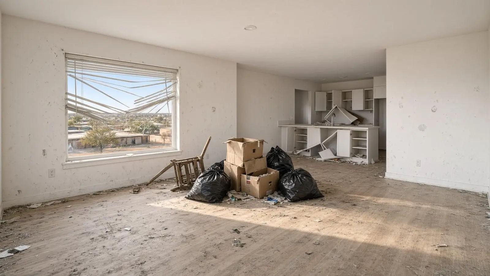 The same apartment on move-out day: scuffed walls, trash bags, boxes and a broken chair on a dirty floor