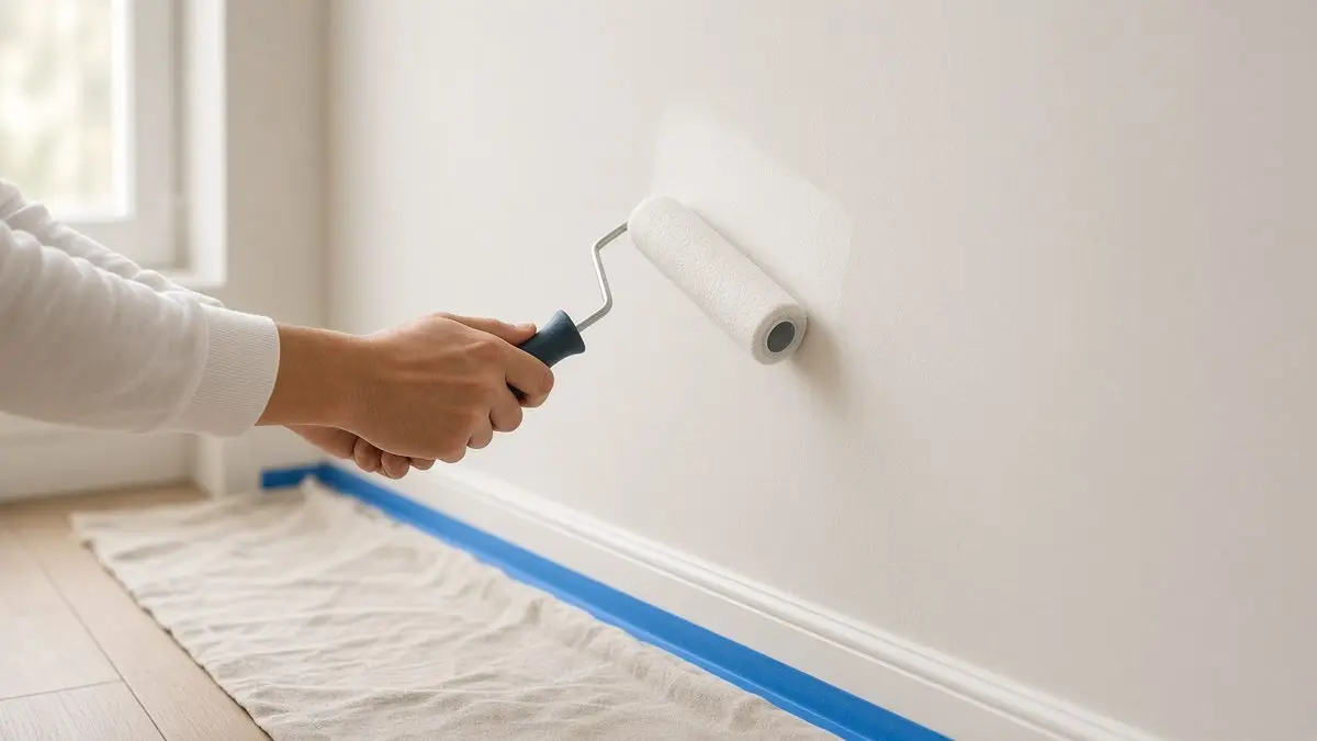 A painter rolling fresh white paint onto an apartment wall above taped baseboards